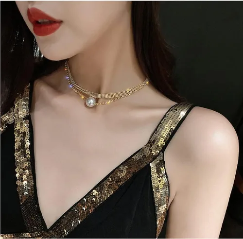 Vista 6 de Lun Detalle de oro de 18 quilates con colgante de perlas CZ collar de perlas artificiales boho collar de diamantes de imitación collar en capas