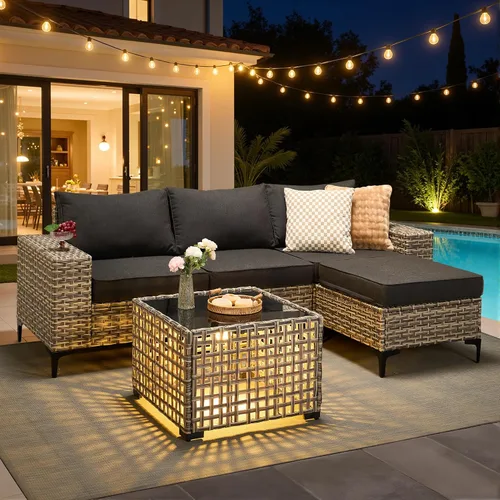 Vista 19 de HOOOWOOO Juego de muebles de patio de 5 piezas, sofá modular en forma de L para exteriores con mesa solar, mimbre PE para todo tipo de clima, sofá