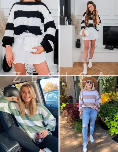 Vista 6 de ZESICA - Suéter tejido sin botones de manga larga y cuello redondo para mujer, a rayas, bloques de color, cómodo, holgado, talla extragrande