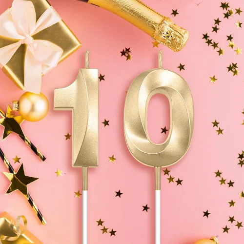 Vista 4 de Velas de 10º cumpleaños de oro champán - Velas de 10 números para decoración de pasteles
