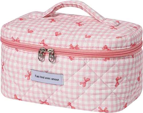 Vista 23 de uekeboag - Bolsa de maquillaje grande de viaje acolchada para mujer, neceser de algodón con estampado floral, neceser con estampado floral