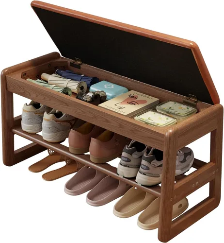 Vista 22 de AQIMUELE Banco pequeño para zapatos, banco de zapatos de 2 niveles con almacenamiento con tapa abatible, zapatero de madera para entrada, pasillo