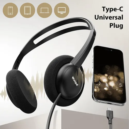 Vista 6 de Auriculares intraurales con cable USB-C con micrófono y control en línea, almohadillas de espuma cómodas, diadema ajustable para niños