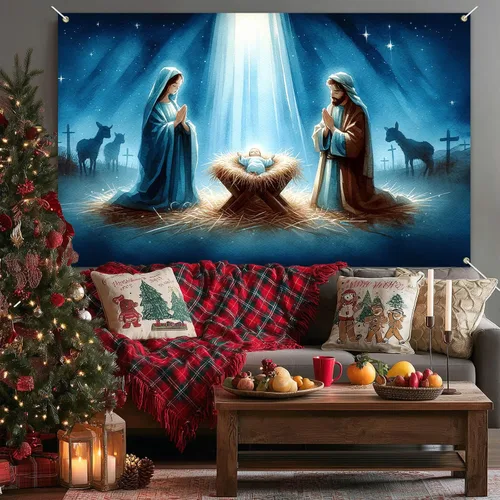 Vista 2 de BlissYard Fondo de Escena de la Natividad 71x43 Pulgadas Pancarta de la Escena del Pesebre de la Noche Santa Telón de Fondo Religioso Cristiano