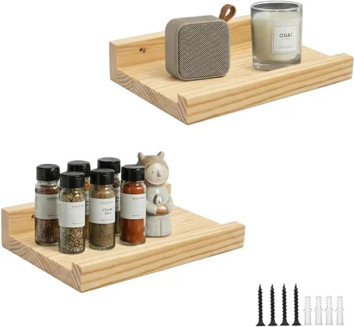 Vista 18 de Z metnal Mini estantes flotantes, pequeño estante de pared de madera natural para repisa de fotos, Pawlownia, montado en la pared, marrón claro, 6 x