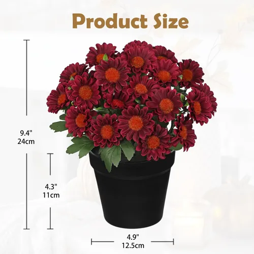 Vista 2 de Flores artificiales de crisantemo en maceta negra de 9 pulgadas, plantas artificiales de seda para decoración de interiores y exteriores, centro