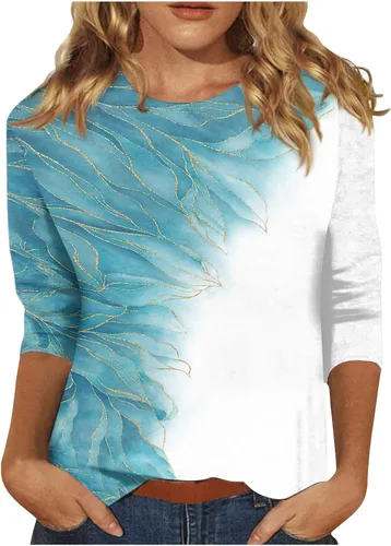 Vista 128 de Camisetas personalizadas para mujer, a la moda, casual, de séptima manga, estampada, cuello redondo, camiseta