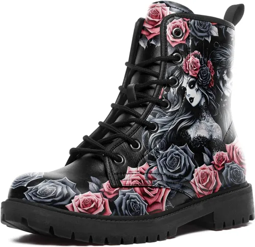 Vista 11 de Botines de combate para mujer, con estampado de corazón, botines cortos de moda con rosas y calavera, botas de trabajo duraderas con cordones