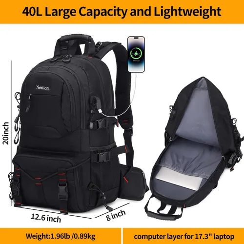 Vista 5 de Mochila de senderismo NerIion de 40L, mochila de viaje para hombres y mujeres, mochila impermeable para camping al aire libre, mochila ligera de día