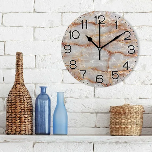 Vista 3 de ALAZA Reloj de pared de mármol marrón natural, funciona con pilas, sin tictac, silencioso, de cuarzo, analógico, rústico, rústico, reloj redondo