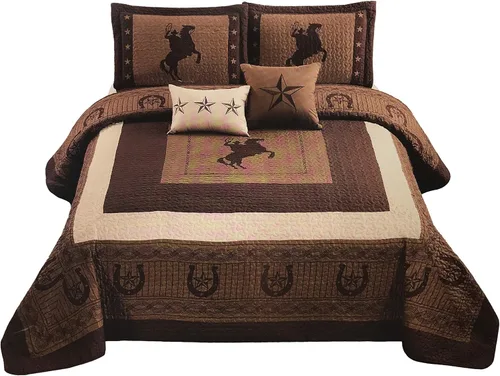 Vista 2 de Western Collection Edredón de lujo con cojines para el hogar, 5 piezas, estrellas occidentales y caballos, vaquero, colcha de gran