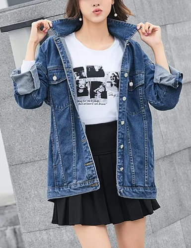 Vista 4 de Omoone - Chaqueta de mezclilla extragrande para mujer, longitud media, abrigo de motociclista
