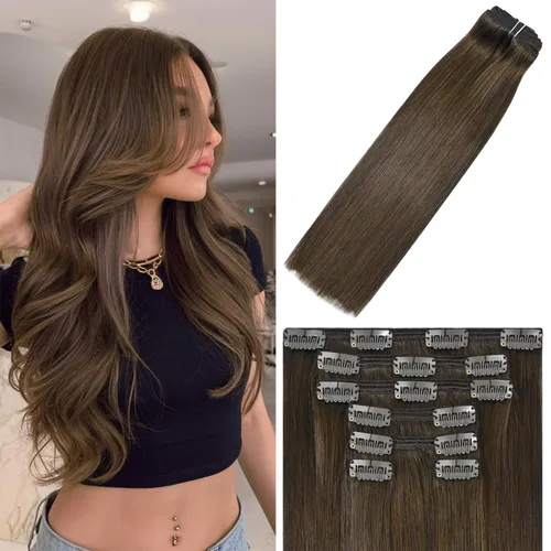 Vista 34 de WindTouch - Extensiones de cabello humano liso con pinzas, color negro azabache, 2.47 onzas, N.° 1, 12 pulgadas, 7