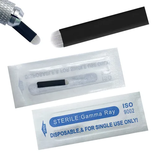 Vista 6 de Agujas de microblading de 0.007 in, agujas desechables de tatuaje de cejas para máquina de maquillaje permanente Manual de suministros (Negro S7)