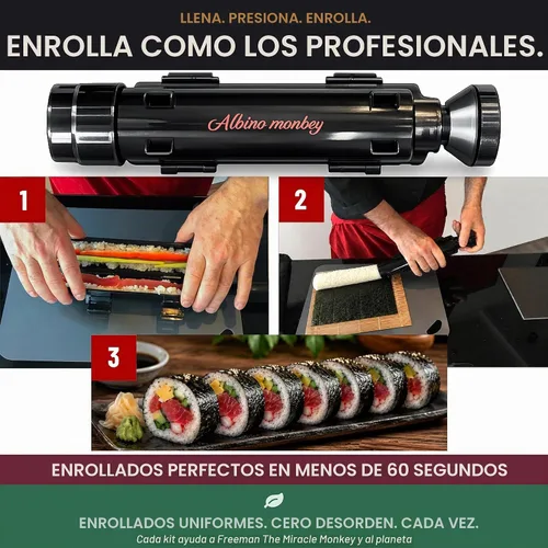 Vista 7 de Albino monkey Kit para hacer sushi con bazuca, tapete de bambú y curso