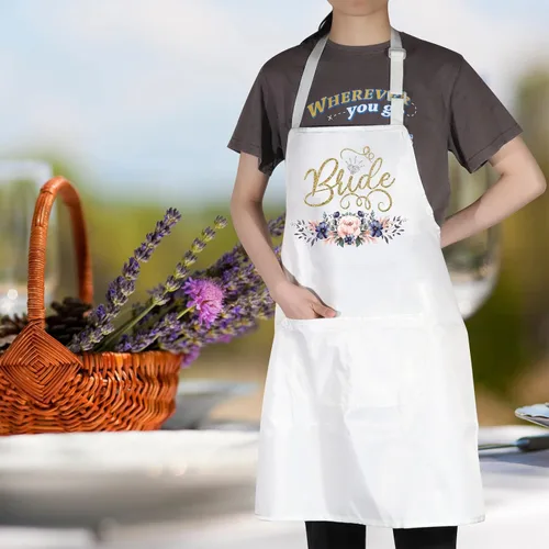 Vista 3 de WZMPA Delantal de novia para el día de la boda, regalo de despedida de soltera, delantal ajustable con bolsillo para compromiso boda