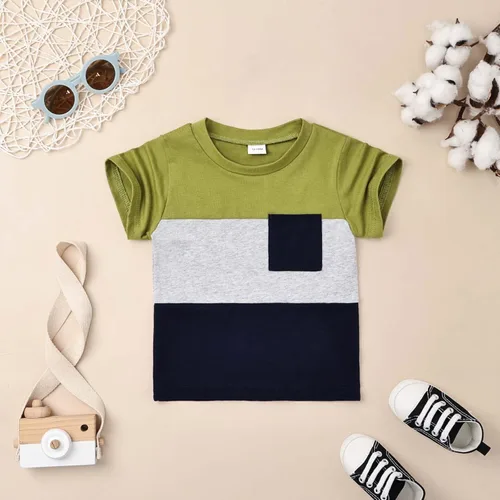 Vista 4 de DOMOABEI Ropa para bebé niño pequeño, trajes de verano de manga corta, camiseta de retazos, pantalón con bolsillo, conjunto de ropa para niños de 12