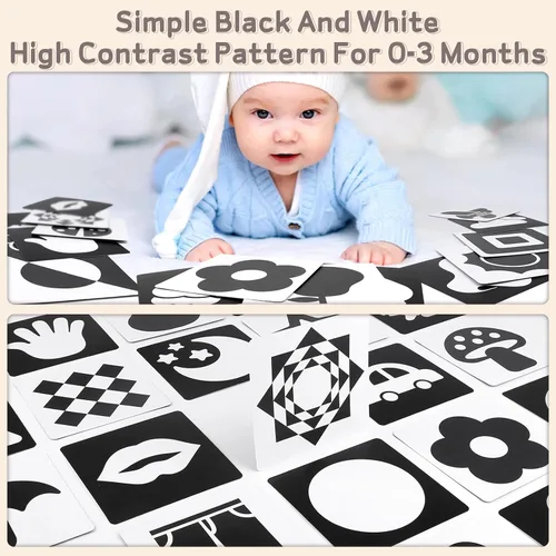 Vista 2 de Dreamon 32 juguetes sensoriales de alto contraste para bebés en blanco y negro, juguetes para recién nacidos con sonajero, libro suave y tarjetas