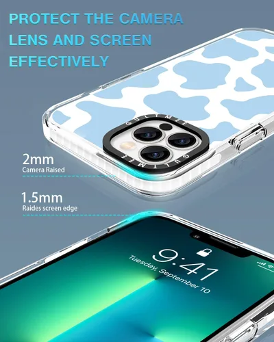 Vista 5 de Diseñada para iPhone 13 Pro de 6.1 pulgadas, bonito estampado de vaca azul con protector de pantalla de vidrio templado, diseño delgado con funda