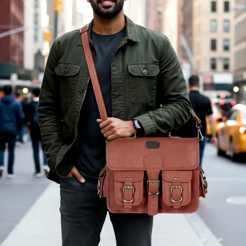 Vista 3 de cuero Bolsa de mensajero de cuero para hombres y mujeres, 12 pulgadas para laptop, bolsa cruzada de cuero vintage hecha a mano, unisex, maletín
