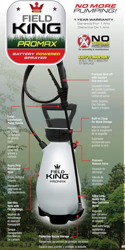 Vista 4 de Pulverizador Field King 190571 con bomba alimentada por batería de iones de litio y tecnología cero, de 2 galones, color blanco