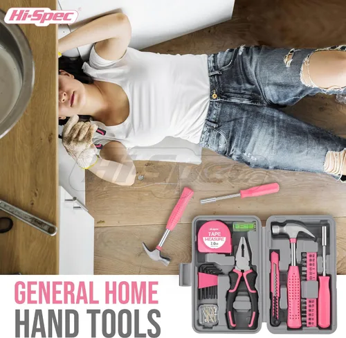 Vista 5 de Juego de herramientas Hi-Spec de 25 piezas, rosa, para el hogar, kit de bricolaje para mujeres. Juego de herramientas pequeñas y mini, básicas