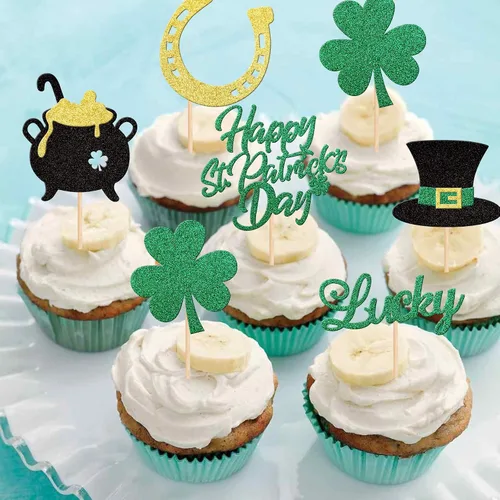 Vista 4 de 24 piezas de adornos para cupcakes del día de San Patricio, trébol con purpurina de tres hojas, trébol de la suerte, para cupcakes, sombrero