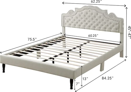 Vista 2 de Base de cama de plataforma tapizada tamaño Queen con cabecero ajustable de 47 pulgadas de alto, cama de lino copetuda con botones, soporte de Beige