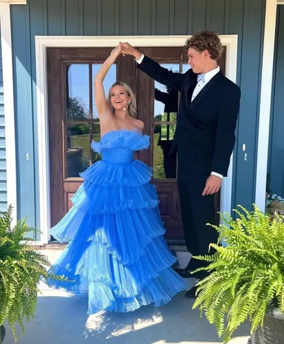 Vista 3 de TIRAS Vestidos de fiesta sin tirantes con volantes largos y escalonados de tul vestido de baile de princesa formal vestidos de noche para mujeres