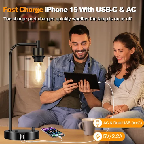 Vista 6 de Lámpara de mesa industrial con puertos USB A+C y toma de corriente, lámpara de mesita de noche moderna totalmente regulable, lámpara de escritorio