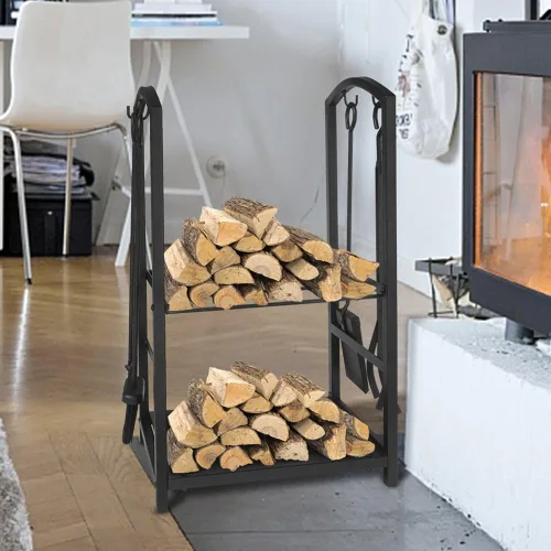 Vista 2 de ATR ART TO REAL Estante de Leña Juegos de Herramientas para Chimenea Hierro Forjado Negro Soporte de Almacenamiento de Leña Transportador de Madera