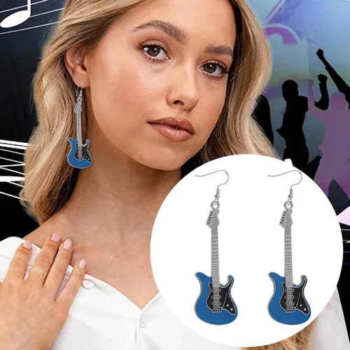 Vista 2 de Aretes colgantes de metal blanco y negro con guitarra eléctrica para mujeres, niñas, amantes de la música, profesores, regalos de joyería
