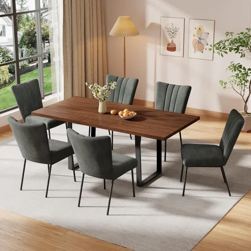 Vista 30 de ZckyCine Conjunto moderno de mesa de comedor de 5 piezas con mesa rectangular de madera y 4 sillas tapizadas en cuero, capacidad para 4 personas