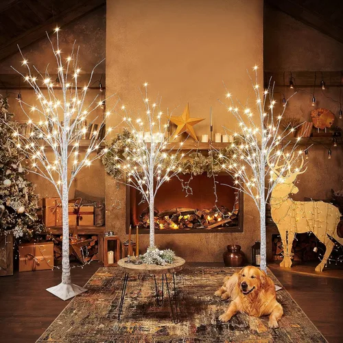 Vista 7 de Hooseng Lámpara de árbol con luz LED, 3 piezas de árbol de abedul con luces, 4 pies, 5 pies y 6 pies para verano, boda, festival, fiesta, jardín