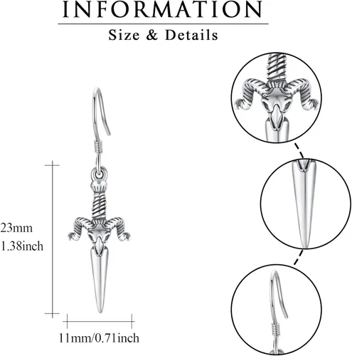 Vista 3 de Baphomet - Aretes de plata de ley 925, hipoalergénicos, con cabeza de calavera de cabra satánica, aretes colgantes con forma de espada gótica