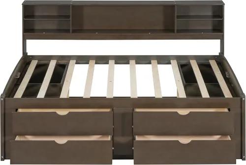Vista 4 de DEINPPA Cama capitán completa con cabecera de almacenamiento, sofá cama matrimonial con cajones y armarios, marco de cama de plataforma de madera