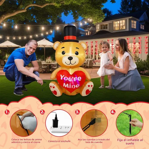 Vista 6 de B&D Oso inflable para el día de San Valentín de 4 pies con corazón de amor, decoraciones de patio inflables con luces LED RGB integradas, decoración
