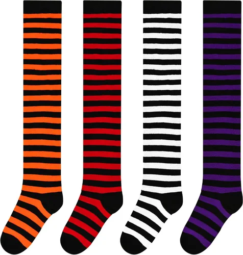 Vista 5 de GODORIO Calcetines a rayas de Halloween, medias altas hasta el muslo por encima de la rodilla, medias para mujeres y hombres para fiesta de cosplay