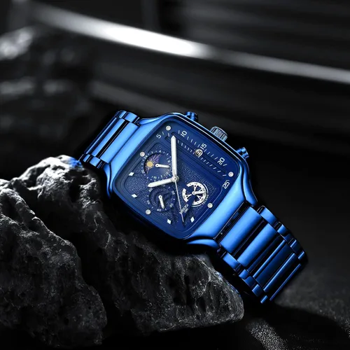 Vista 5 de NIBOSI Reloj de cuarzo para hombre, cronógrafo, cuadrado, dorado, resistente al agua, para negocios, militar, deportivo, acero inoxidable, fecha