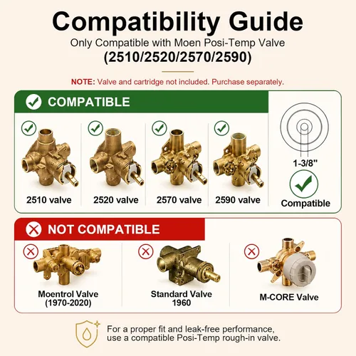 Vista 4 de Compatible con el kit de molduras de ducha de válvula Posi-Temp de Moen, repuesto para grifo de ducha de válvulas 2510, 2520, 2570, 2590, oro Oro