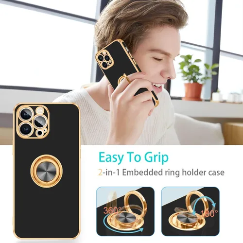 Vista 5 de Fingic - Funda para iPhone 13 Pro Max con soporte giratorio de 360° Shiny Gold Edge Slim Soft TPU Shockproof Protective Phone Case for Women Men