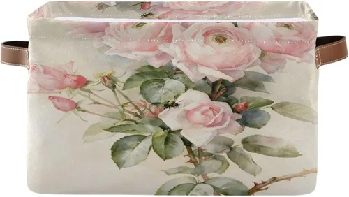 Vista 14 de ALAZA Shabby Chic - Caja de almacenamiento plegable con diseño floral de rosas, cestas organizadoras con asas para estantes, armario, sala de estar