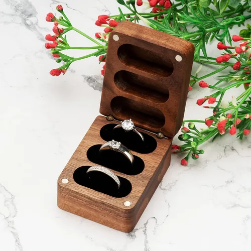 Vista 6 de Caja de almacenamiento para anillos de boda de madera de nogal, soporte sólido para anillo de 3 ranuras, ceremonia de boda, compromiso, cumpleaños