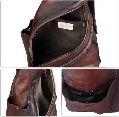 Vista 7 de Bolso bandolera de cuero genuino para hombres y mujeres vintage Sling Mochila bandolera bandolera bolsa de pecho para iPad
