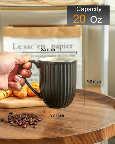 Vista 3 de Taza de café de cerámica HASENSE, taza grande de café de 20 oz con asa, taza de porcelana para café, té y cacao con diseño acanalado moderno, apta