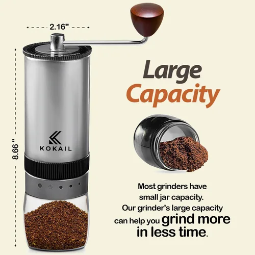 Vista 2 de Molinillo manual de granos de café – Rebaba de acero inoxidable de 7 estrellas, ajustes ajustables para molienda personalizada, cepillo, fácil