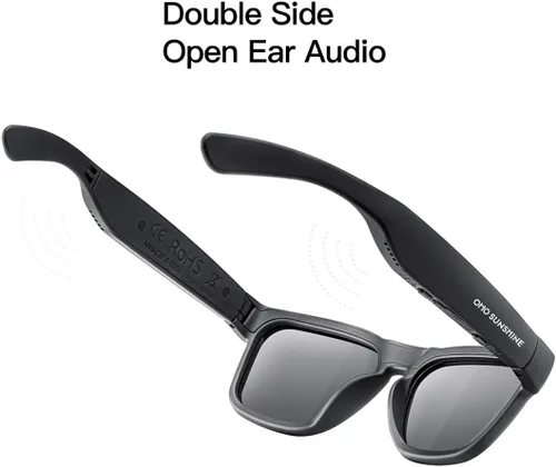 Vista 5 de OhO gafas inteligentes, gafas de sol polarizadas con altavoz Bluetooth, protección UV para atletismo/aire libre y control de voz, unisex (lente gris)
