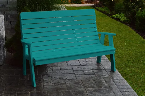 Vista 2 de Banco de jardín para exteriores de polietileno azul Aruba de 52 pulgadas Amish-Made