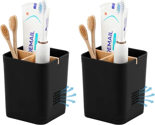 Vista 8 de Soportes para cepillo de dientes con drenaje para baños, soporte para cepillo de dientes de 4 ranuras con divisores de bambú, organizador de cepillo