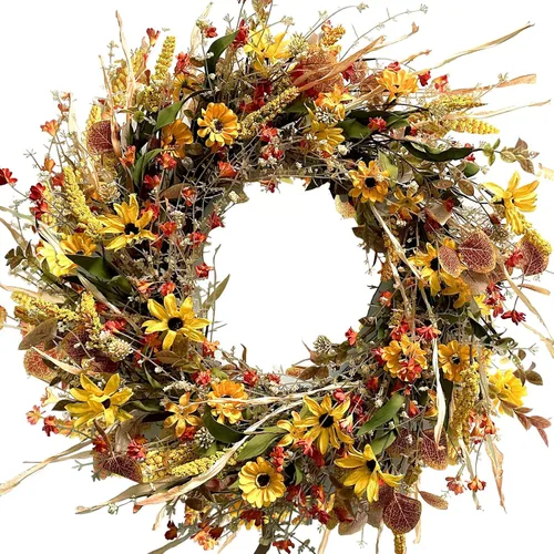Vista 8 de Corona de flores silvestres de primavera y uso diario de 24 pulgadas para puerta delantera, hojas verdes mixtas y corona de flores